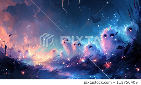 Colorful Spectral Figures Celebrate Halloween in a Festive, Lantern-Lit Village at Night. Colorful Spectral Figures Celebrate Halloween in a Festive, Lantern-Lit Village at Night. 118756409