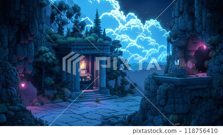 A Serene Mythical Landscape at Night With Glowing Clouds and Ancient Architecture. Generative AI 118756410