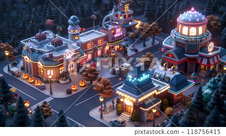 A Serene Mythical Landscape at Night With Glowing Clouds and Ancient Architecture. Generative AI 118756415