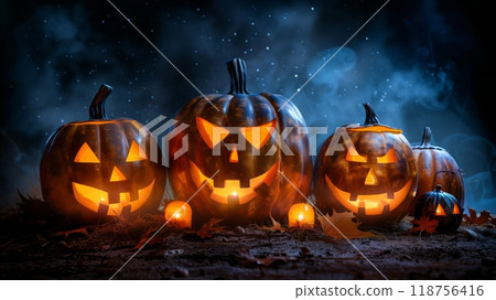 A Spooky Carved Pumpkin Glowing in a Festive Autumn Street During a Rainy Halloween Night. 118756416