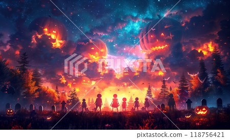 Colorful Skeletons Dance Joyfully Under a Starry Sky in a Spooky Graveyard at Night. Generative AI Colorful Skeletons Dance Joyfully Under a Starry Sky in a Spooky Graveyard at Night. Generative AI 118756421