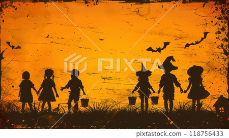 Cheerful Halloween Landscape With Pumpkins, Bats, and a Spooky Sky at Dusk. 118756433