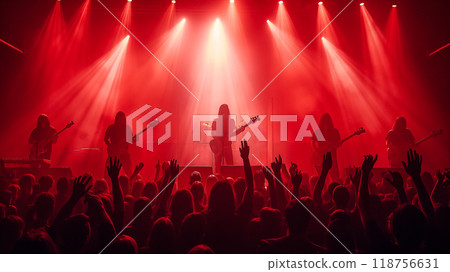 Crowd enjoying live music performance, concert under bright red stage lights. Generative AI 118756631
