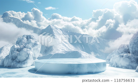 Frozen landscape with circular ice podium, pedestal, platform with mountains. Generative AI 118756633