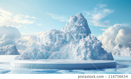 Frozen landscape with circular ice podium, pedestal, platform with mountains. Generative AI Frozen landscape with circular ice podium, pedestal, platform with mountains. Generative AI 118756634