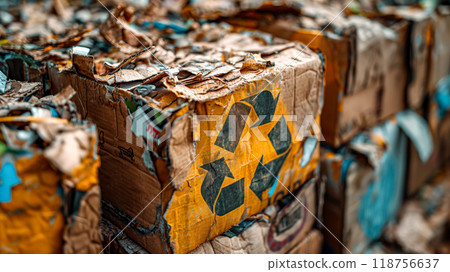 Recycling symbol on textured background of compressed cardboard and paper. Generative AI 118756637
