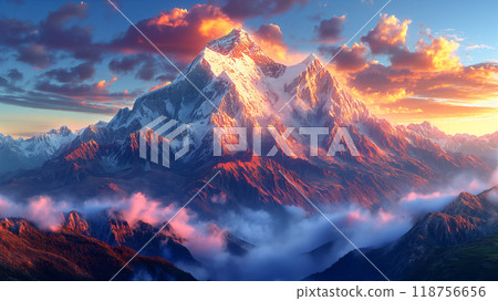 Majestic mountain peak bathed in sunset glow over distant rugged terrain. Generative AI 118756656