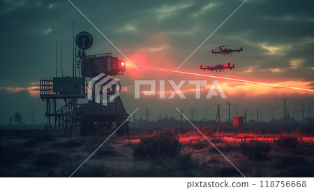 Military vehicle, robotic complex with lasers operates amidst drones. Generative AI 118756668