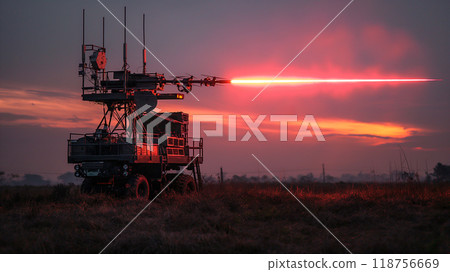 Military vehicle, robotic complex with lasers operates amidst drones. Generative AI 118756669