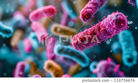 Colorful microbacteria in liquid, scientific background. Generative AI 118756674