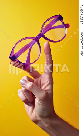 Woman hand holding purple eyeglasses on yellow background 118756675