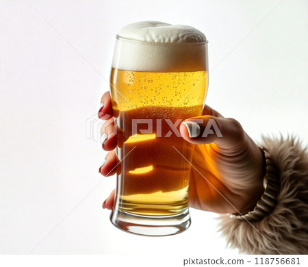 Woman holding glass of lager beer with bubbles on white background 118756681