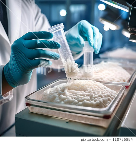 Organic materials for creating artificial skin for transplantology. Doctor's hands in latex gloves manipulating materials in petri dishes 118756894