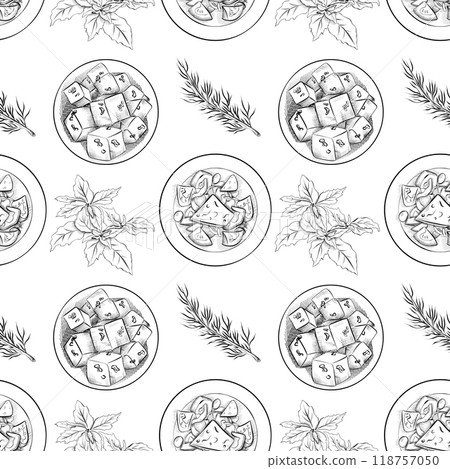 vector seamless pattern line art elements - food, cuisine vector seamless pattern line art elements - food, cuisine 118757050