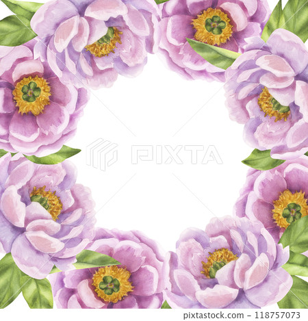 Pink peony square flower frame. Floral print buds and green leaves. Hand drawn watercolor illustration isolated background. For printing postcards, invitations, textile, clothes, greeting cards Pink peony square flower frame. Floral print buds and green leaves. Hand drawn watercolor illustration isolated background. For printing postcards, invitations, textile, clothes, greeting cards 118757073