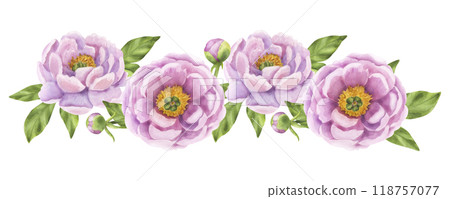 Peony pink flower composition banner. Floral print buds and green leaves. Hand drawn watercolor illustration isolated background. For printing postcards, invitations, textile, clothes, greeting cards 118757077