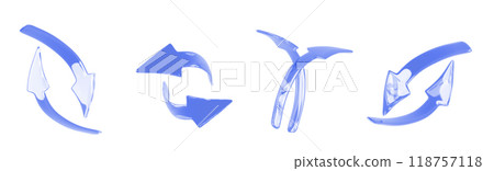3d set of blue curve arrow isolated render icon. Two circular arrows up and down, left and right different angles view. Symbol of refresh, reload, repeat, update and synchronization. 3D illustration 118757118
