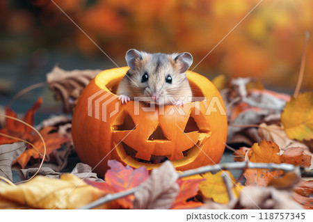 Hamster in a Halloween pumpkin 118757345
