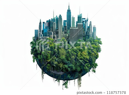 Green globe with 3D city. Planet ecosystem, concept of recycle and reuse. Eco world environment. Global eco conservation. Nature background and building 118757378