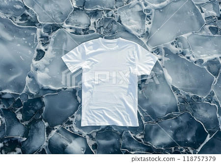 White t-shirt on frozen ice texture. Cotton tshirt in nature winter background. Mockup blank fashion design. Casual blank shirt textile. Empty mock up cloth collection 118757379