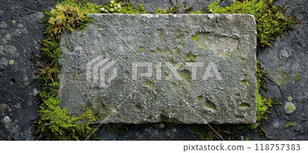 Stone block with moss. Empty wall tablet with empty space. Old banner with copyspace background. Cobblestone nature brick. Gray granite surface 118757383