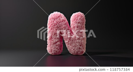 Fur letter N, 3D alphabet. Hair fluffy english font for kids education. Creative typographic element . AI generated 118757384