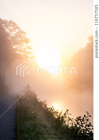 Morning light casts a glow over the misty river landscape, creating a tranquil scene Morning light casts a glow over the misty river landscape, creating a tranquil scene 118757585