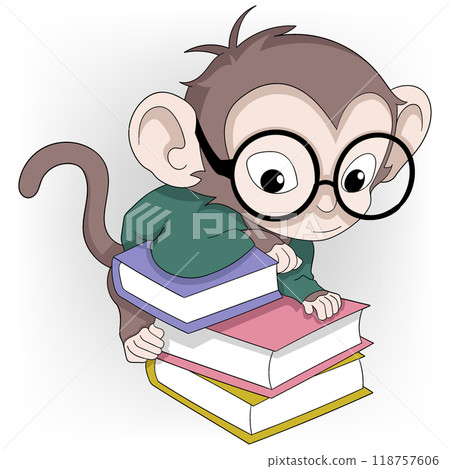 monkey acting as a school student wearing glasses playing with a pile of books monkey acting as a school student wearing glasses playing with a pile of books 118757606