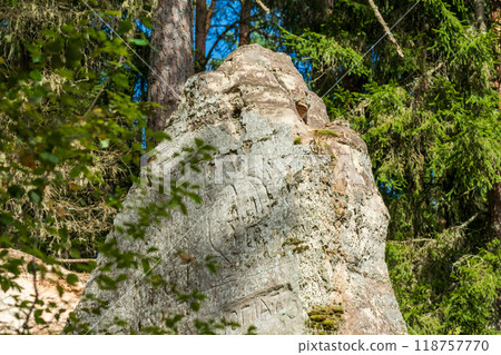 Weathered Rock with Inscriptions in Forest Setting 118757770