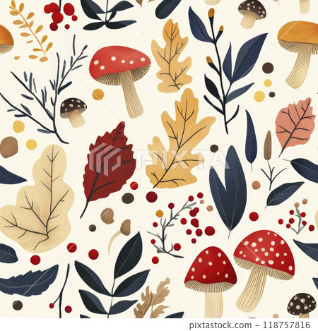 Autumn colorful cozy illustration with leaves, berries, mushrooms and herbs seamless pattern Autumn colorful cozy illustration with leaves, berries, mushrooms and herbs seamless pattern 118757816