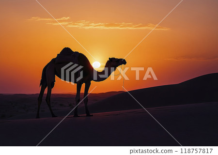 Silhouette of camel in the desert at sunset 118757817
