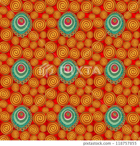 Seamless African Wax Print fabric, Ethnic handmade ornament for your design, Afro Ethnic spirals and tribal motifs geometric circle elements. Vector texture, Africa Ankara textile fashion background 118757855
