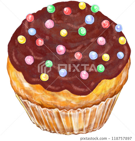 Cupcake_Chocolate cream_Colored chocolate pieces Cupcake_Chocolate cream_Colored chocolate pieces 118757897
