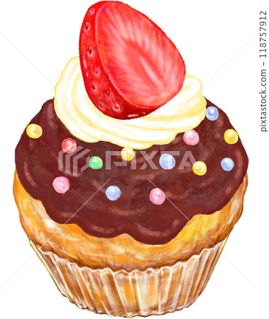 Cupcake_Strawberry_Whipped cream_Chocolate cream_Colored grains 118757912