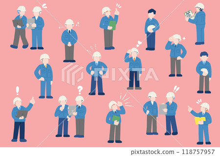 一個戴著頭盔、西裝和工作服的男人的平面圖（集）和一個簡單的情緒圖標 118757957