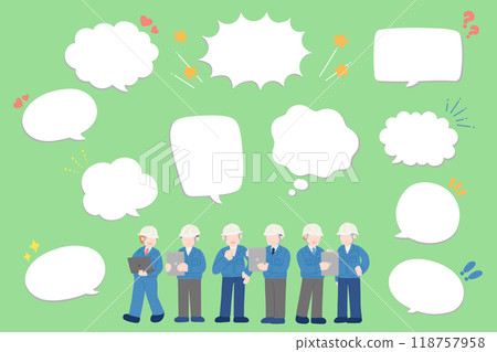 Flat illustration (set) of a man wearing a helmet and work clothes consulting while looking at a screen and a speech bubble 118757958