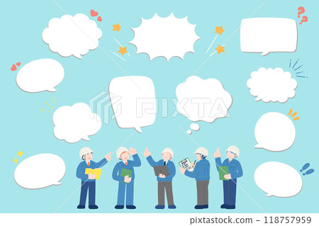 一名戴著頭盔/西裝和工作服的男子檢查和語音氣泡的平面圖（組） 118757959
