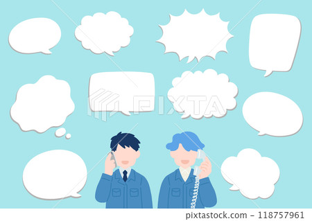 Flat illustration (set) of two men wearing work clothes and suits making phone calls and speech bubbles 118757961