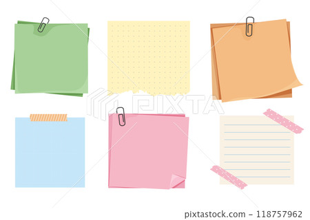 Memo notes, paper for note with clip, postit. Planner notebook page. Idea list. Post note sticker. Quote frame, reminder. 118757962