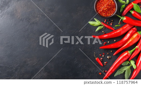 Top view of red chili peppers and a bowl of crushed red pepper flakes, set on a textured dark red and black background. 118757964