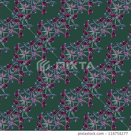 Abstract geometric seamless pattern with poisonous purple, green toadstools on green background. Watercolor illustration template for esoteric, witchcraft, Halloween: invitations, menu, cards 118758277