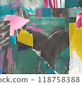 Torn paper collage background, gren and pink color ripped pieces glued, hand painted cutouts 118758388