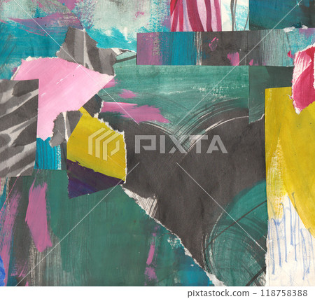 Torn paper collage background, gren and pink color ripped pieces glued, hand painted cutouts 118758388