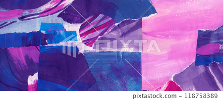 Blue purple abstract collage, torn paper pieces glued, horizontal banner background 118758389