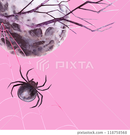 Halloween, witch sabbath postcard template with place for text. Black full moon, tree branch and spider on web. Watercolor hand drawn cut out isolated illustration. Magical night time drawing Halloween, witch sabbath postcard template with place for text. Black full moon, tree branch and spider on web. Watercolor hand drawn cut out isolated illustration. Magical night time drawing 118758568