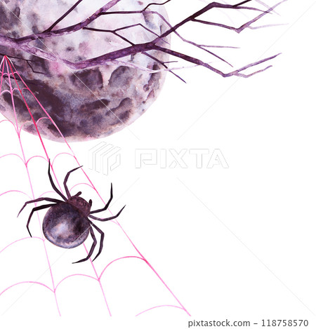 Halloween, witch sabbath postcard template with place for text. Black full moon, tree branch and spider on web. Watercolor hand drawn cut out isolated illustration. Magical night time drawing 118758570