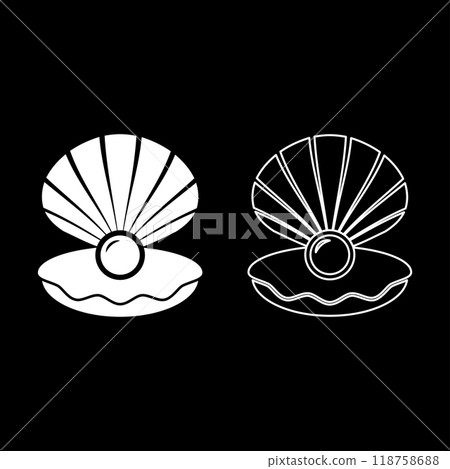 Pearl in seashell shell with pearlized inside open set icon white color vector illustration image solid fill outline contour line thin flat style Pearl in seashell shell with pearlized inside open set icon white color vector illustration image solid fill outline contour line thin flat style 118758688