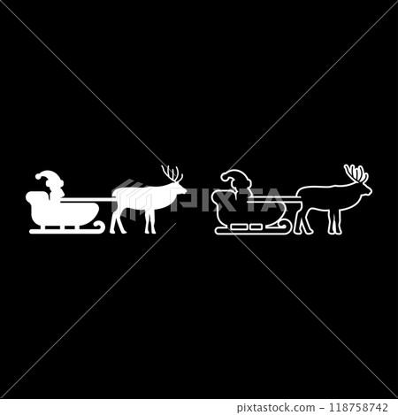 Santa Claus in a reindeer wagon chariot with sled set icon white color vector illustration image solid fill outline contour line thin flat style Santa Claus in a reindeer wagon chariot with sled set icon white color vector illustration image solid fill outline contour line thin flat style 118758742