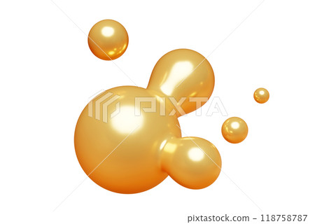 Golden abstract liquid metaball shape. 3d render illustration of fluid soft bubble blob. Organic gold decorative sphere geometric form. Morphing ball aqua drop or molecule. Flow particles. Golden abstract liquid metaball shape. 3d render illustration of fluid soft bubble blob. Organic gold decorative sphere geometric form. Morphing ball aqua drop or molecule. Flow particles. 118758787