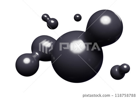 Black abstract liquid metaball shape. 3d render illustration of fluid soft bubble blob. Organic bright decorative sphere geometric form. Morphing ball aqua drop or molecule. Flow particles. Black abstract liquid metaball shape. 3d render illustration of fluid soft bubble blob. Organic bright decorative sphere geometric form. Morphing ball aqua drop or molecule. Flow particles. 118758788